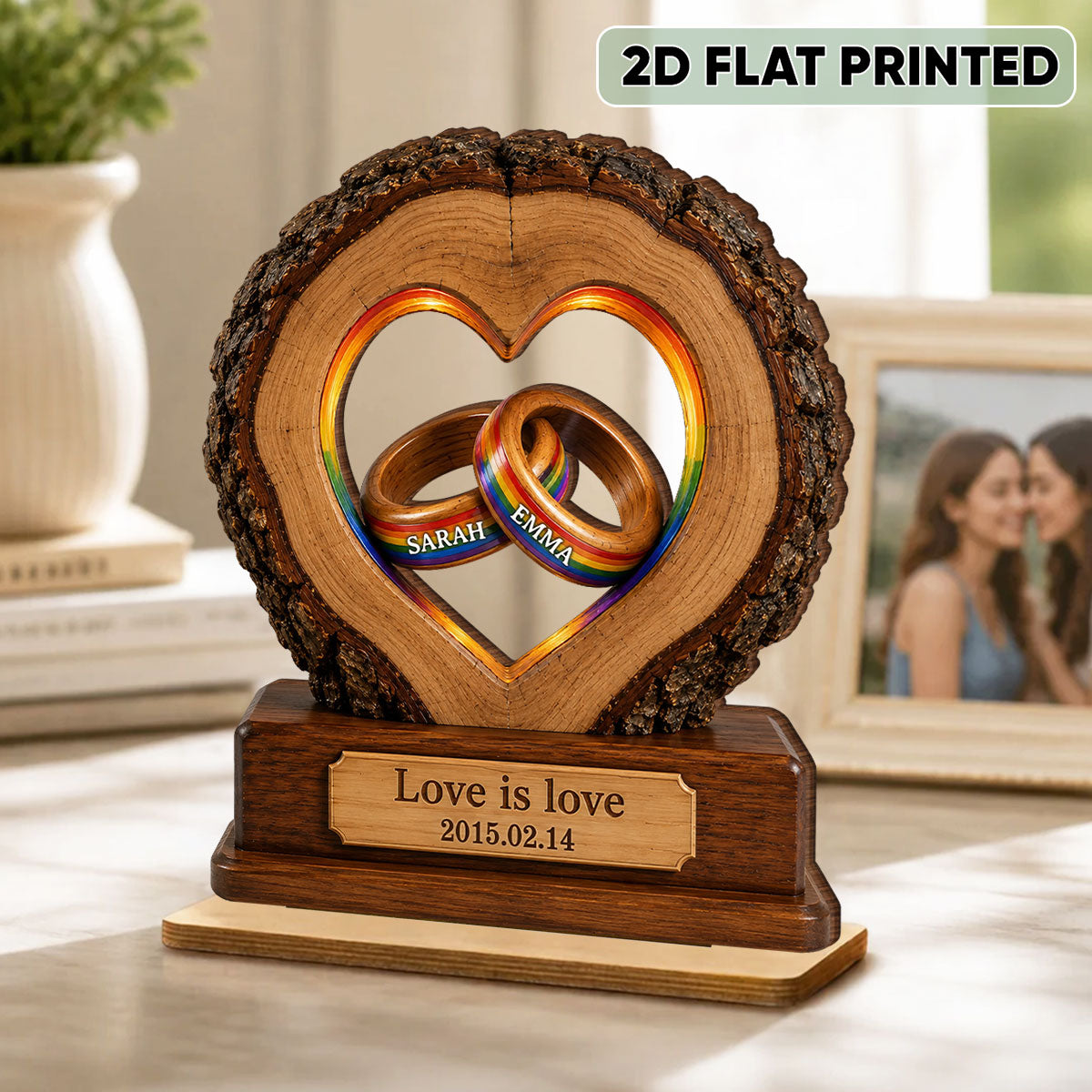 Love is Love LGBTQ+ Couple Anniversary - Personalized 2-Layered Wooden Plaque - Heartfelt Gift for Her, for Him