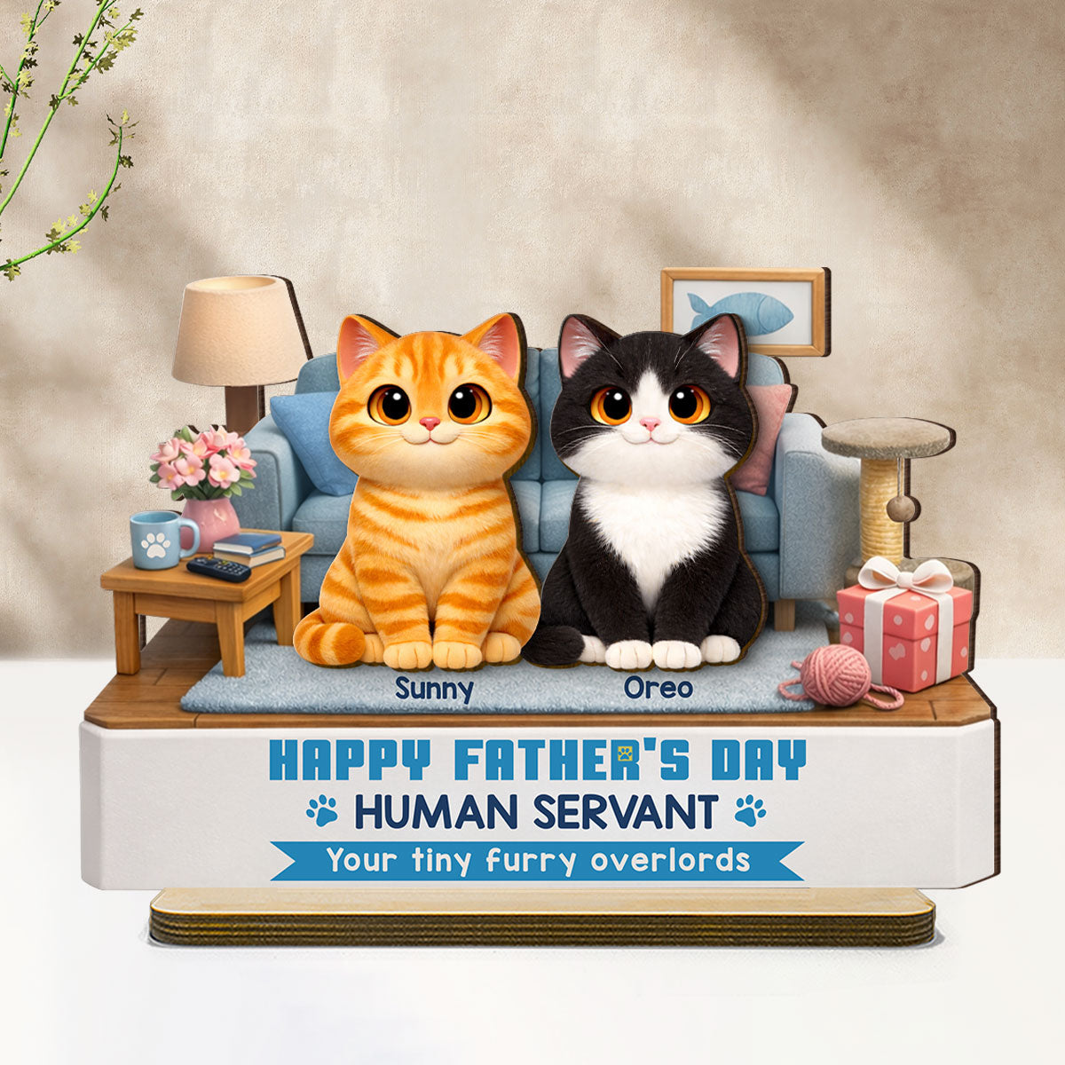 Cat Dad Cute Fluffy Cats Happy  Human Servant - Personalized 2-Layered Wooden Plaque - Funny  Gift For Cat Dad, Cat Lovers
