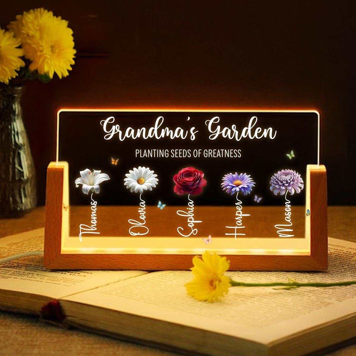 Grandma's Garden Custom Birth Month Flowers - Personalised Acrylic Plaque LED Night Light - Gift For Grandma