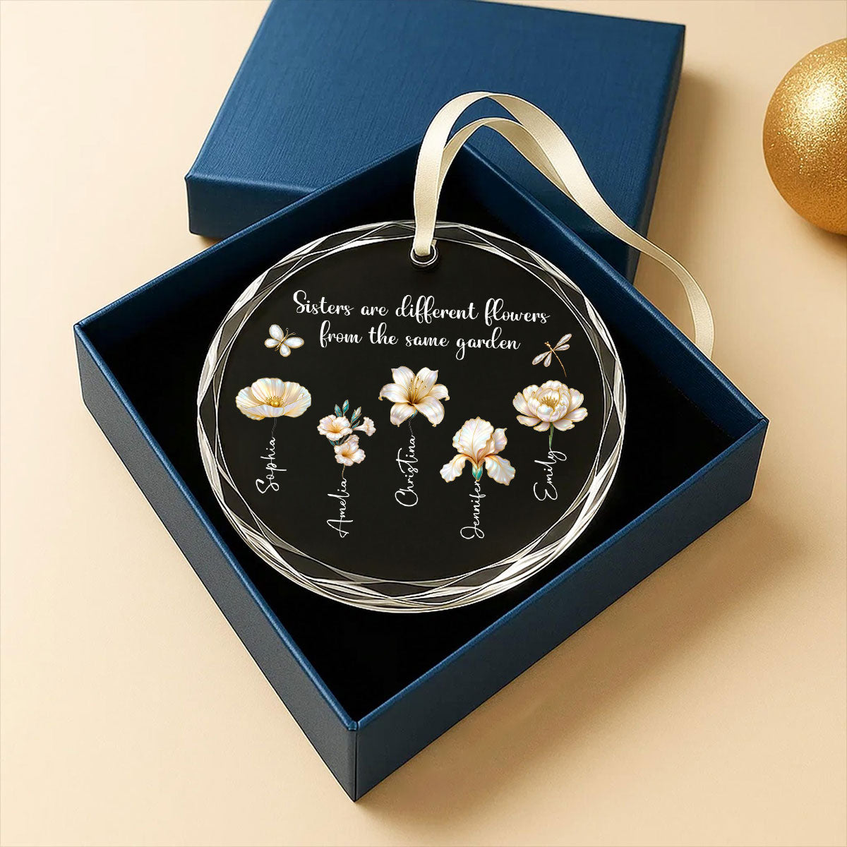 3D Effect Birth Flowers Sisters From The Same Garden - Personalized Glass Ornament - Birthday Christmas Just Because Gift For Sisters, Besties