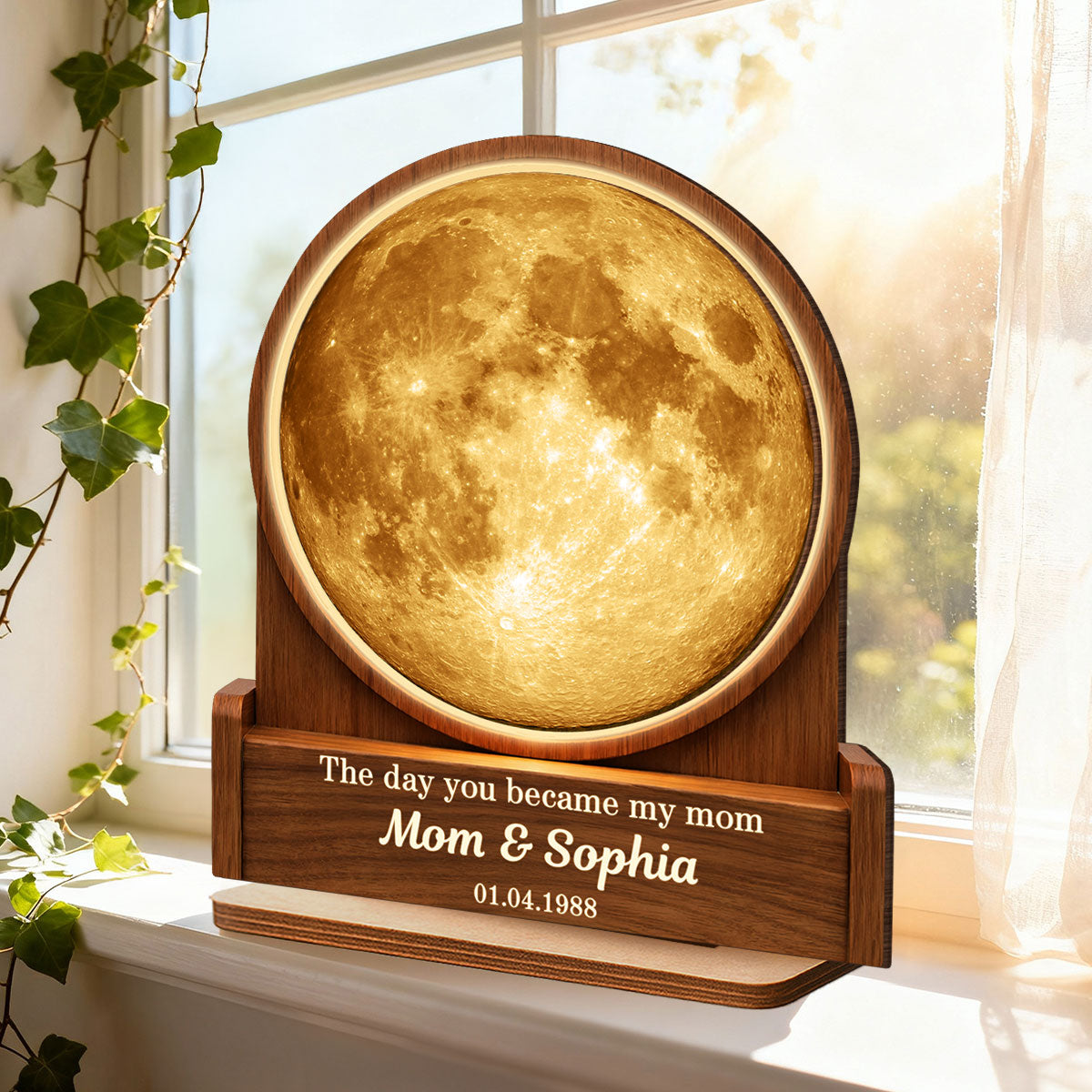 The Day You Became My Mom Custom Moon Phase by Date - Personalized 2-Layered Wooden Plaque - Heartfelt Gift for Mom