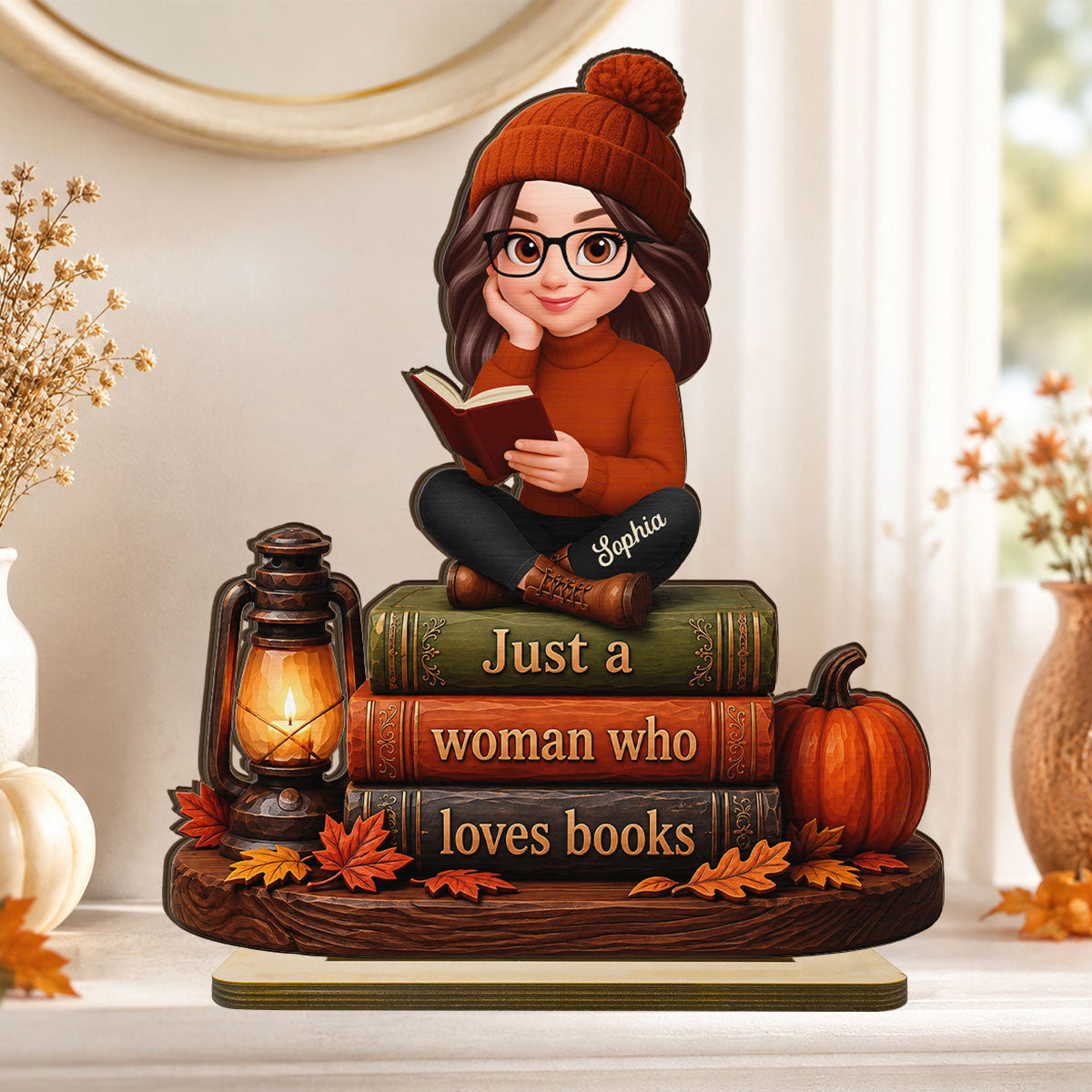 Fall Season Just A Woman Who Loves Books - Personalized 2-Layered Wooden Plaque - Fall Gift For Book Lovers