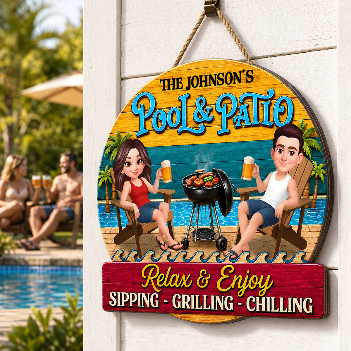 Couple Pool & Patio - Personalized Wooden Sign - Summer Decor Gift for Her, for Him