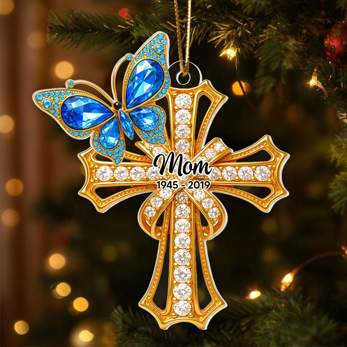 Memorial Blue Monarch Butterfly On Cross - Personalized Acrylic Ornament - Christmas Gift for Loss Of Loved Ones