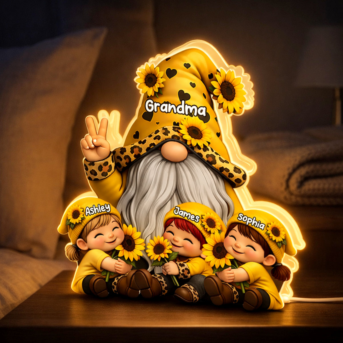 Gnome Grandma & Grandkids Sunflower - Personalized Light Box - Sentimental Gift for Grandma