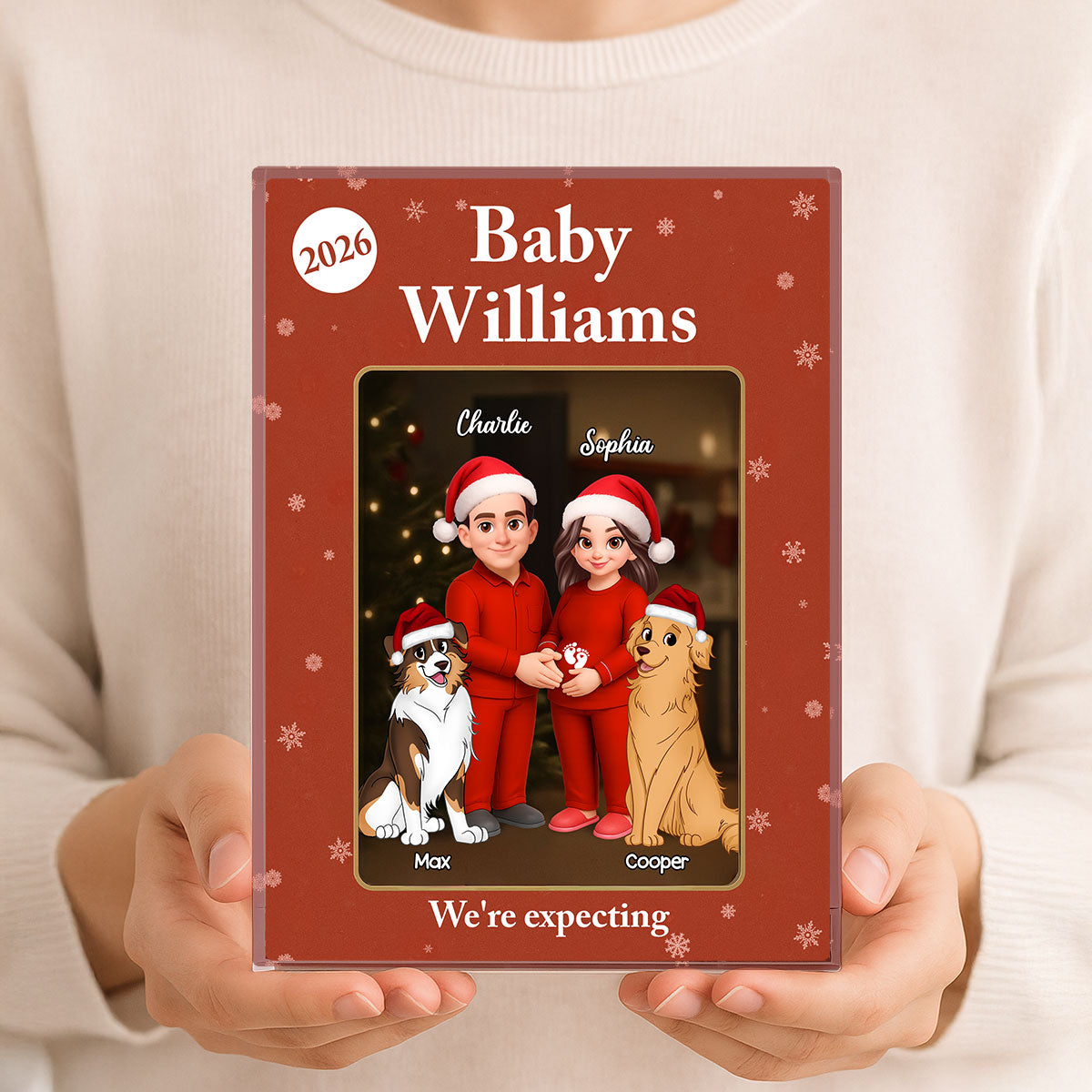 Expecting Parents Christmas Pregnancy Baby Arriving With Dogs Cats Custom Figure Style - Personalized Acrylic Block Plaque