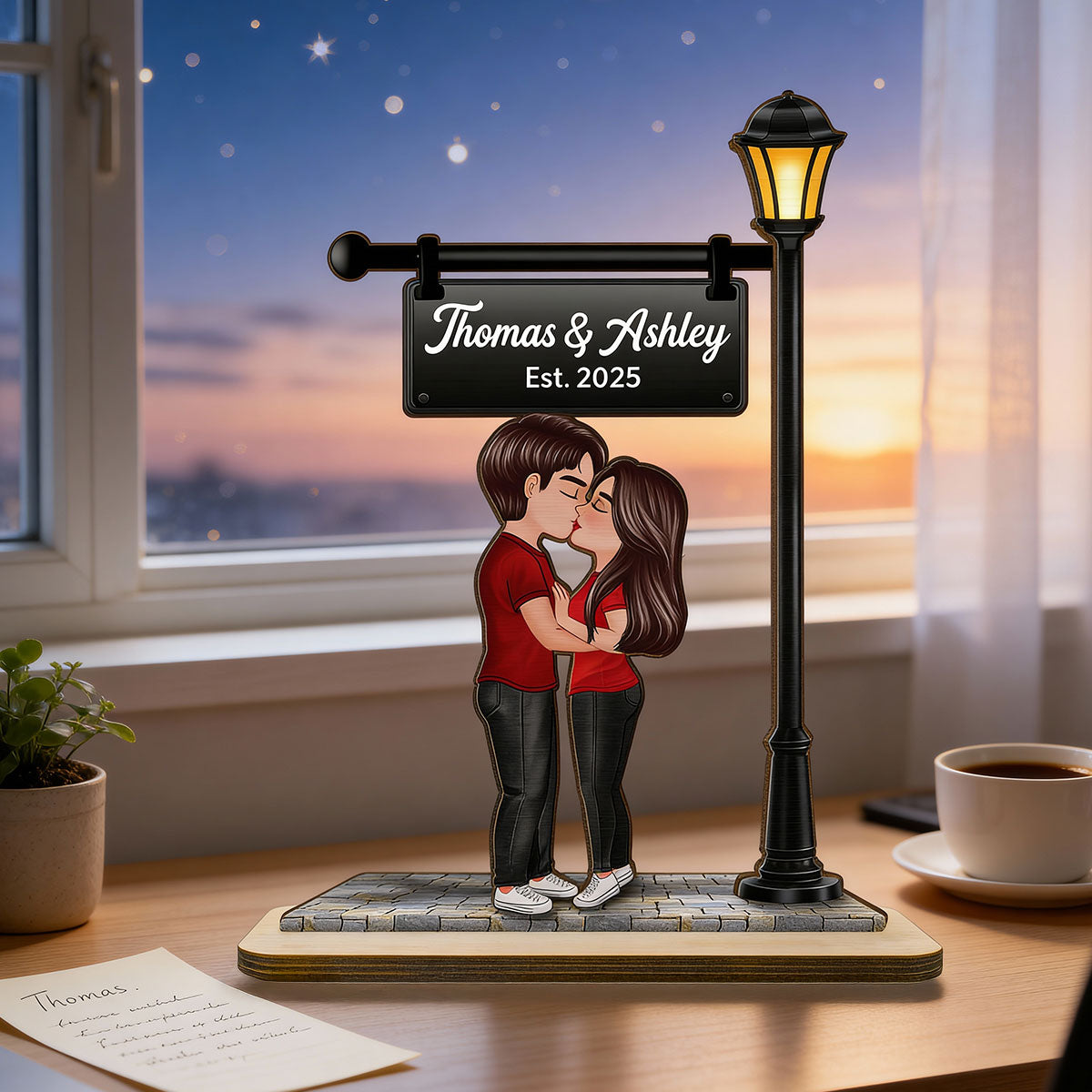 Eternal Love Couple Kissing Under Street Lamp Post - Personalized 2-Layer Wooden Plaque - Gift For Couple, Gift For Him, For Her