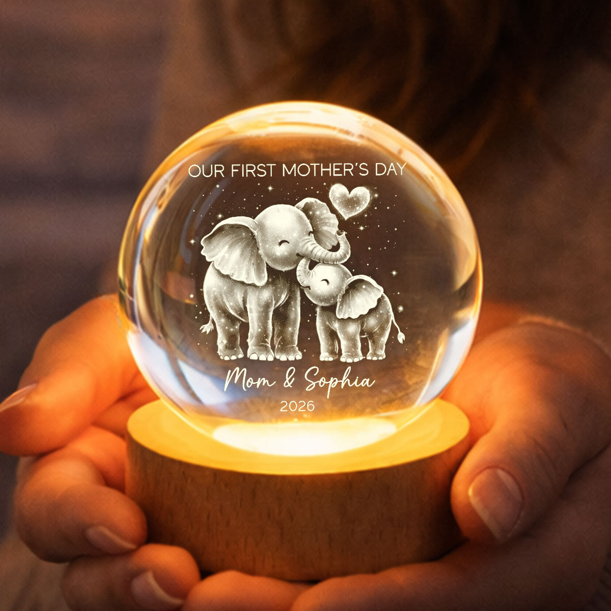Elephant Mom And Baby Our First Mother's Day - Personalized Crystal Ball LED Night Light - First Mother's Day Gift For New Mom