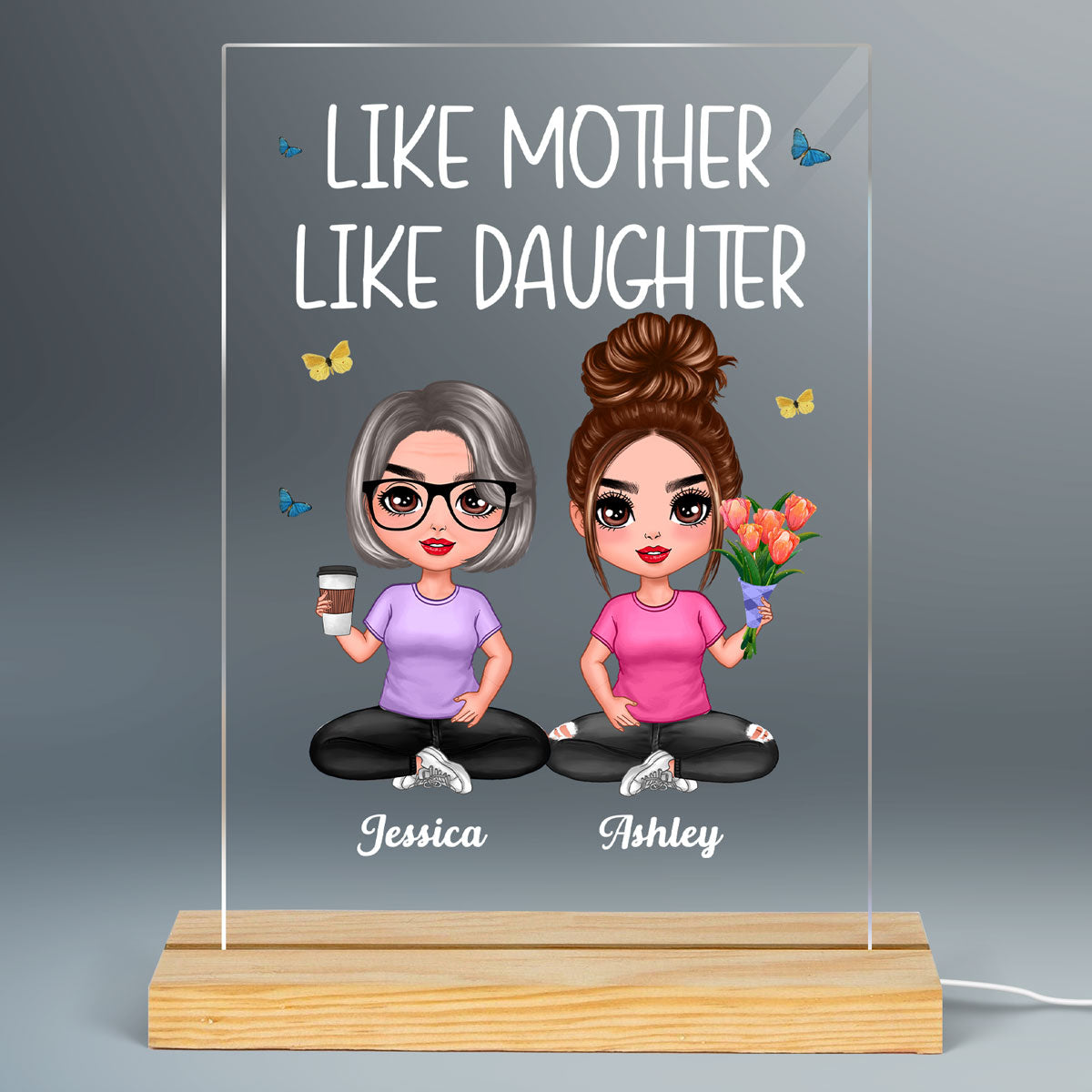 Mother Daughter Doll Sitting Flowers Personalized Acrylic LED Night Light