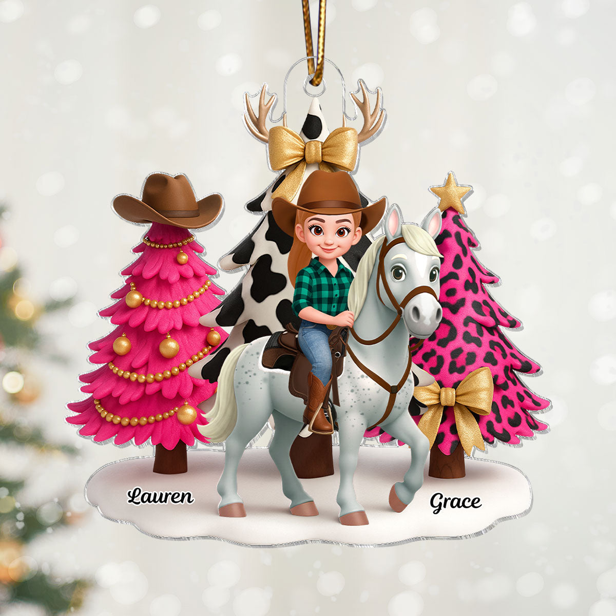 3D Effect Western Pink Christmas Tree Cowgirl And Horse - Personalized Acrylic Ornament