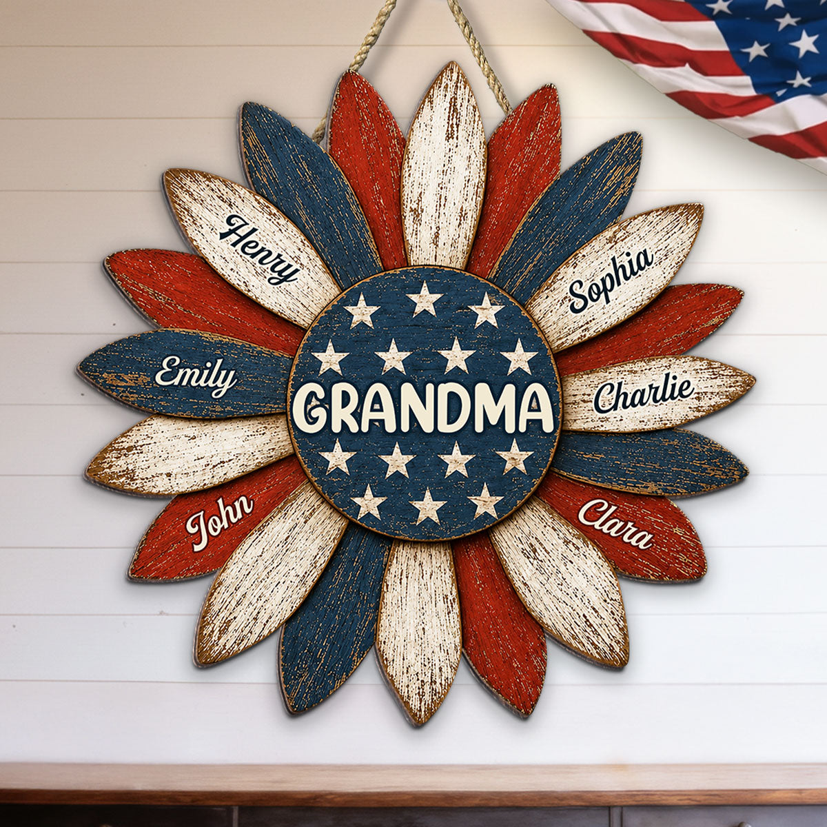 Grandma Nation Flag Sunflower America 250th Anniversary - Personalized Wood Sign - 250 Years Of Freedom, Patriotic Decoration