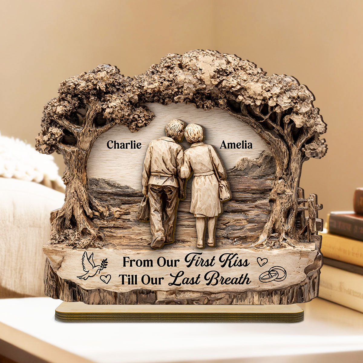From Our First Kiss Till Our Last Breath - Personalized 2 Layer Standing Wooden Plaque - Gift for Couple