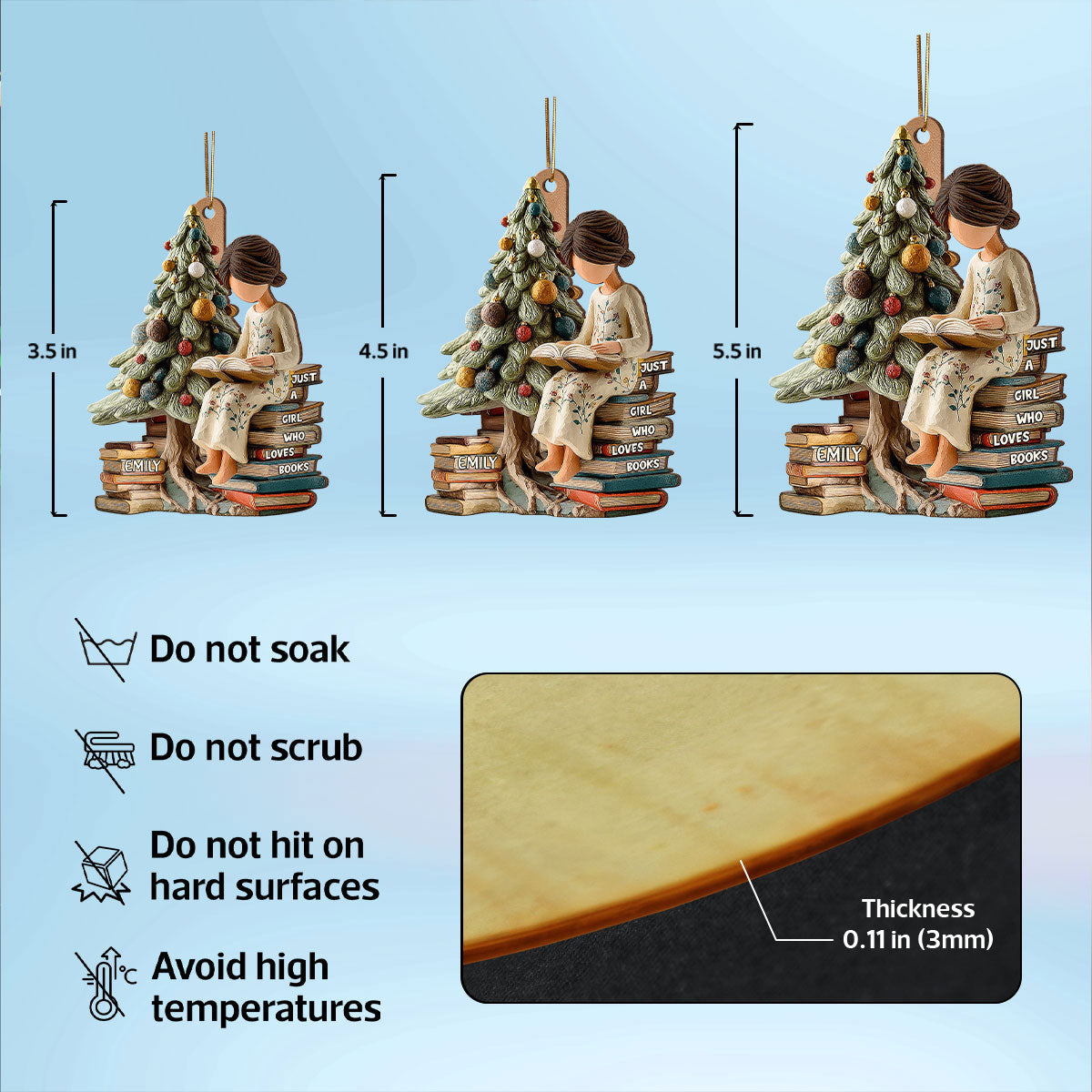 Holiday Reading By The Tree 3D Effect - Personalized Wooden Ornament - Christmas Gift For Book Lover, Bookworm