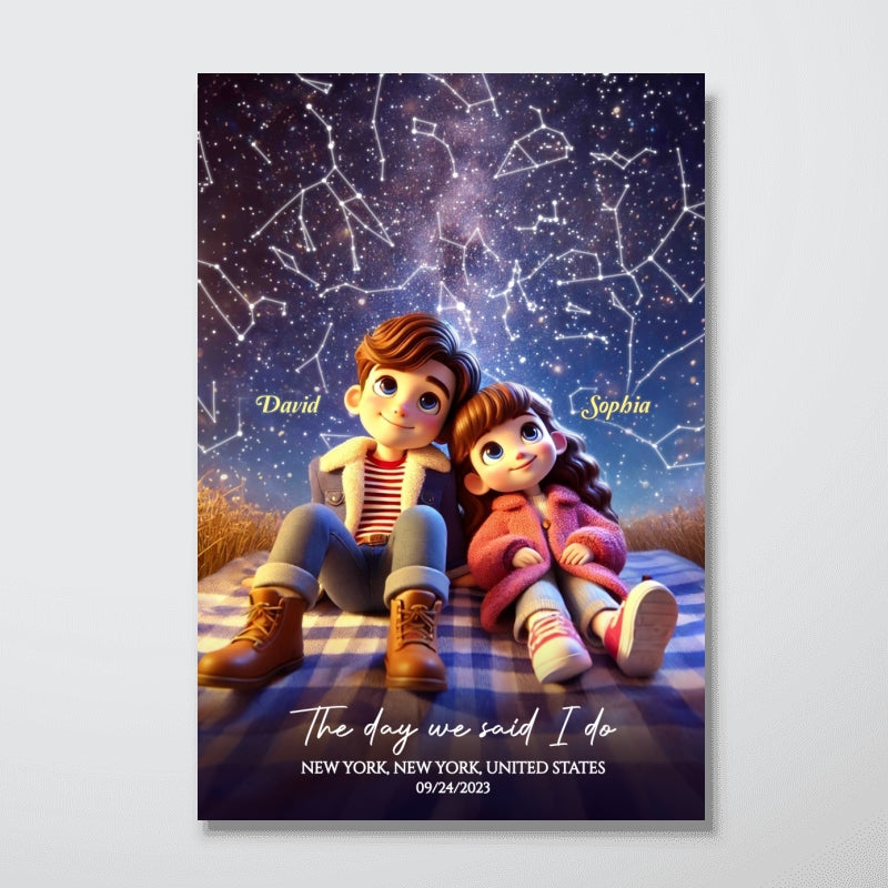 Cartoon Couple Sitting Under the Starry Night Personalized Poster, Custom Star Map by Date & Location, Anniversary, Birthday Gift for him, Gift for her