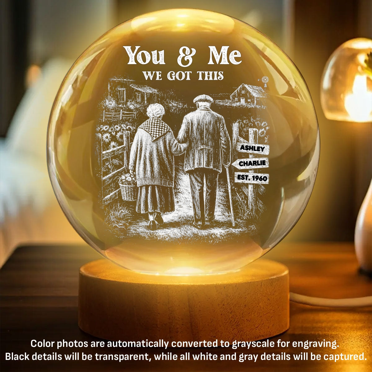 Old Couple Walking Growing Old Together - Personalized Crystal Ball LED Night Light, Heartfelt Valentine's Day Gift For Couple, For Him, For Her