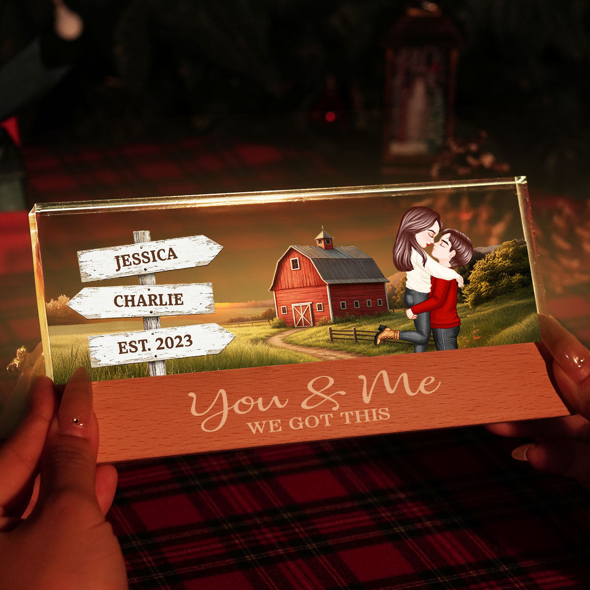 Rustic Nostalgia Red Barn House Sign Posts Couple Hugging Kissing Farmhouse Decor - Personalized Acrylic Block Plaque LED Night Light - Heartfelt Valentine, Anniversary Gift For Him, For Her