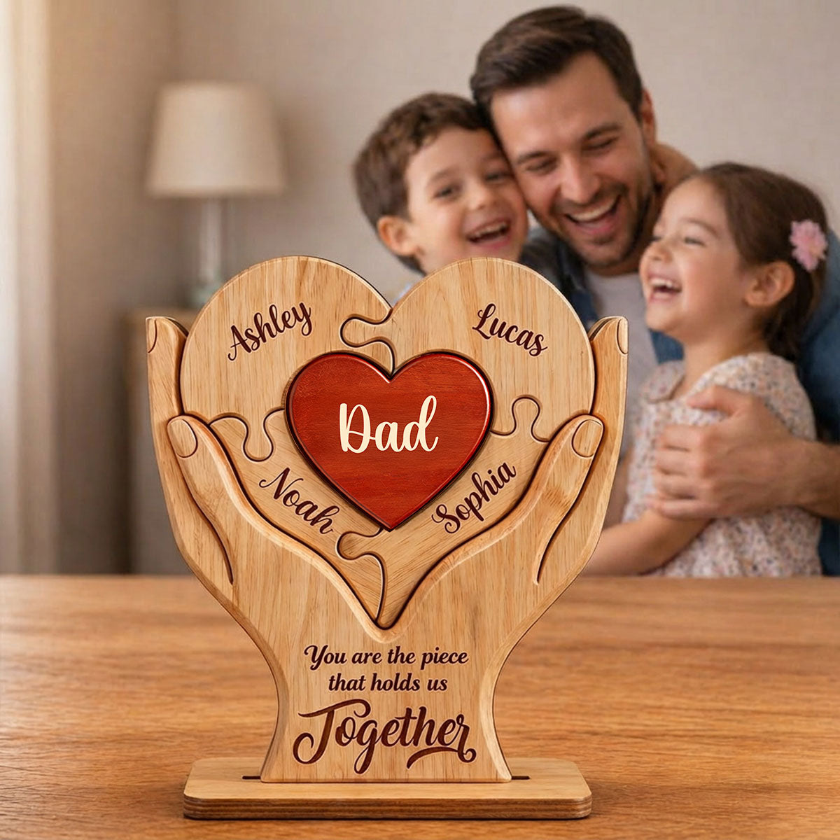 Dad The Piece That Holds Us Together - Personalized 2-Layered Wooden Plaque -  Gift for Dad, Husband