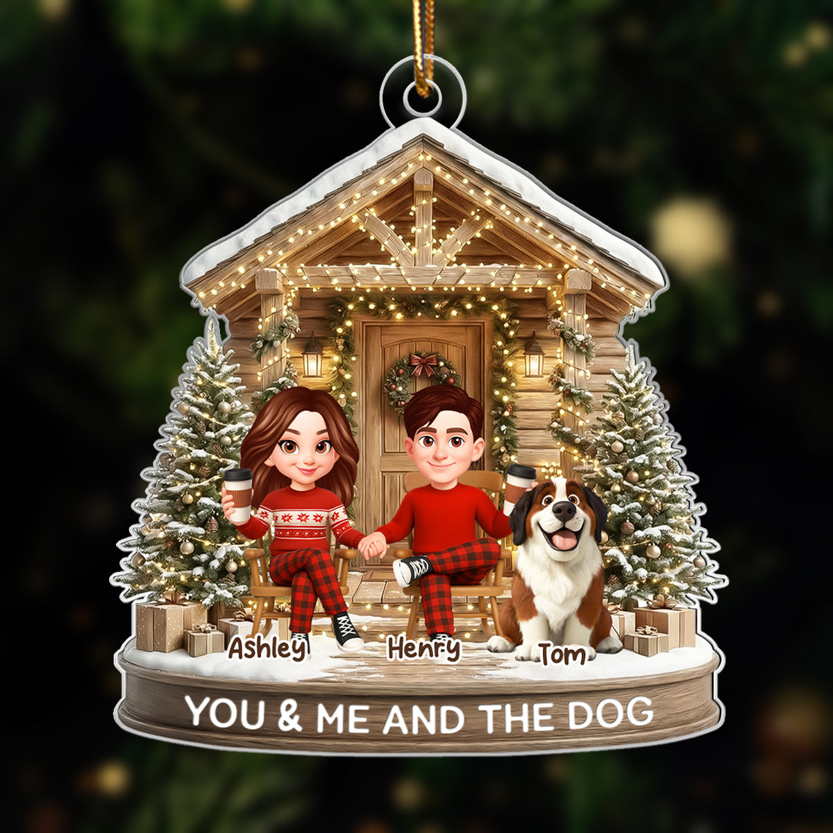 Couple And The Dogs Front Porch - Personalized Acrylic Ornament - Christmas Gift for him, for her