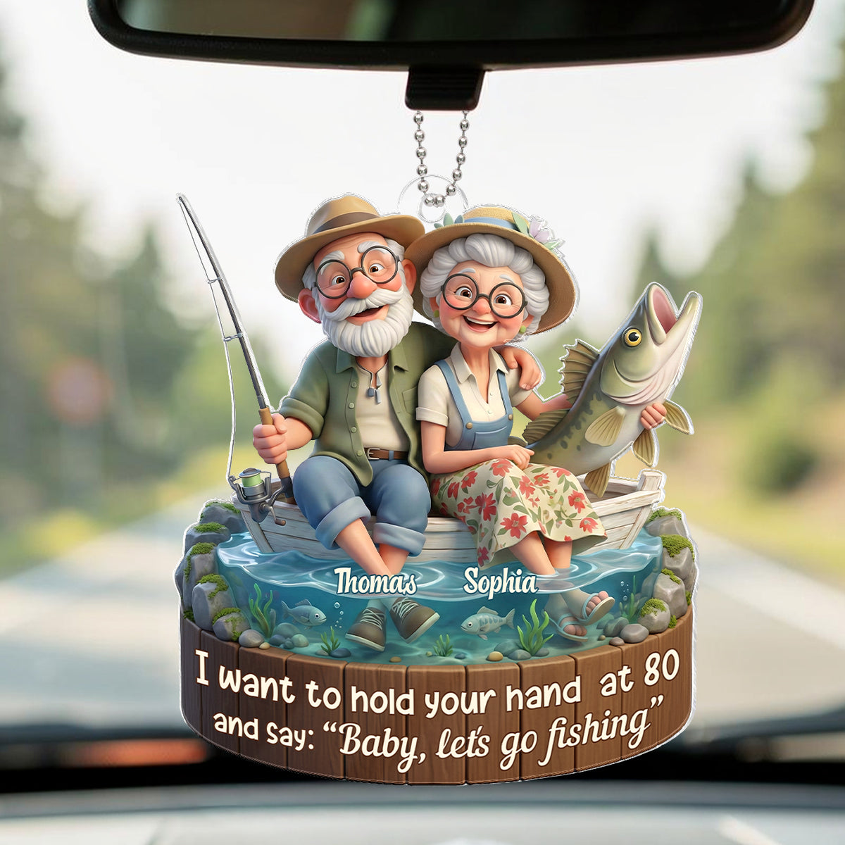 Baby Let's Go Fishing Old Couple - Personalized Acrylic Car Hanger - Sentimental Gift for him, for her