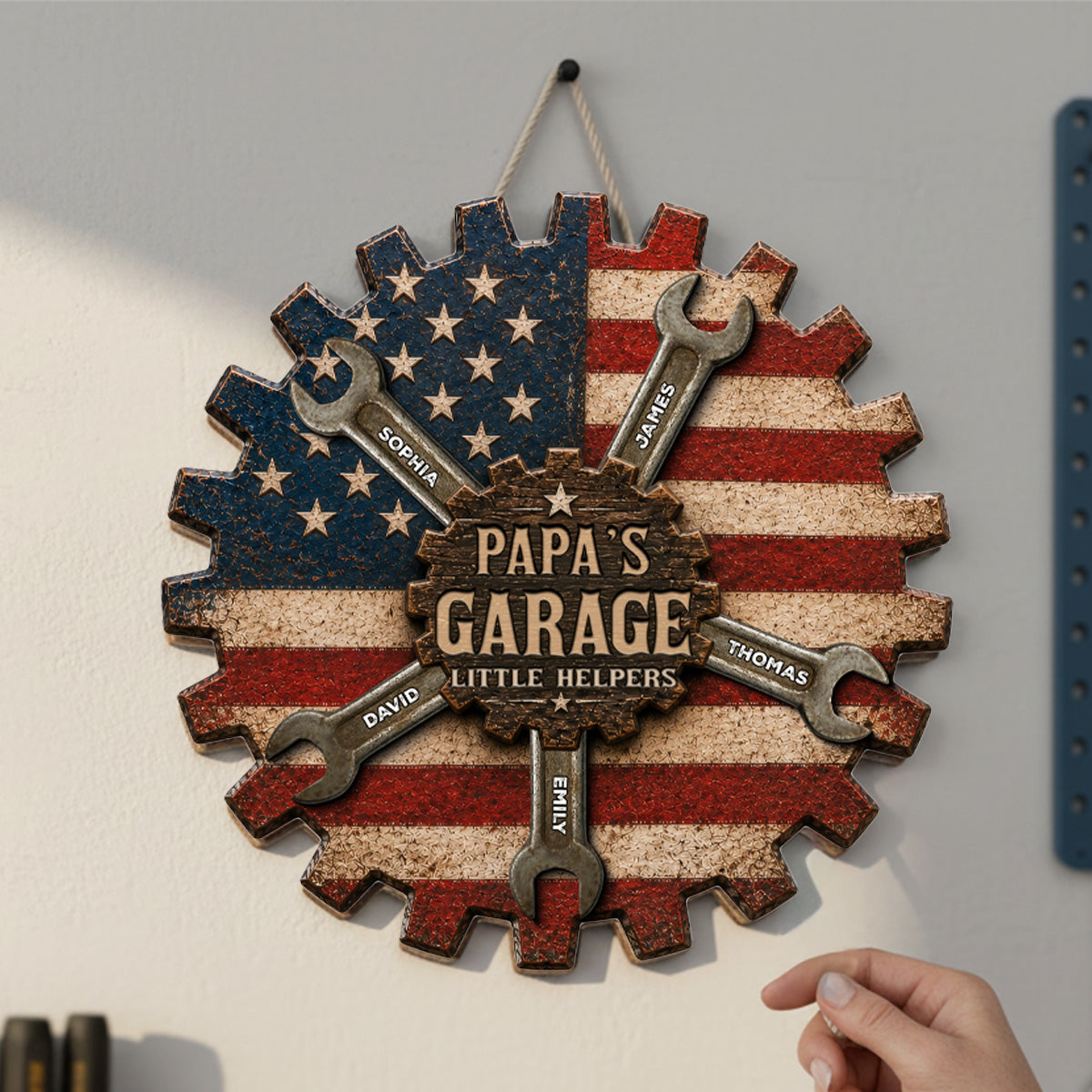 Rustic Workshop Little Helpers Nation Flag Theme 2D Flat - Personalized Wooden Garage Sign - Father's Day Gift For Patriotic Mechanic Dad, Grandpa