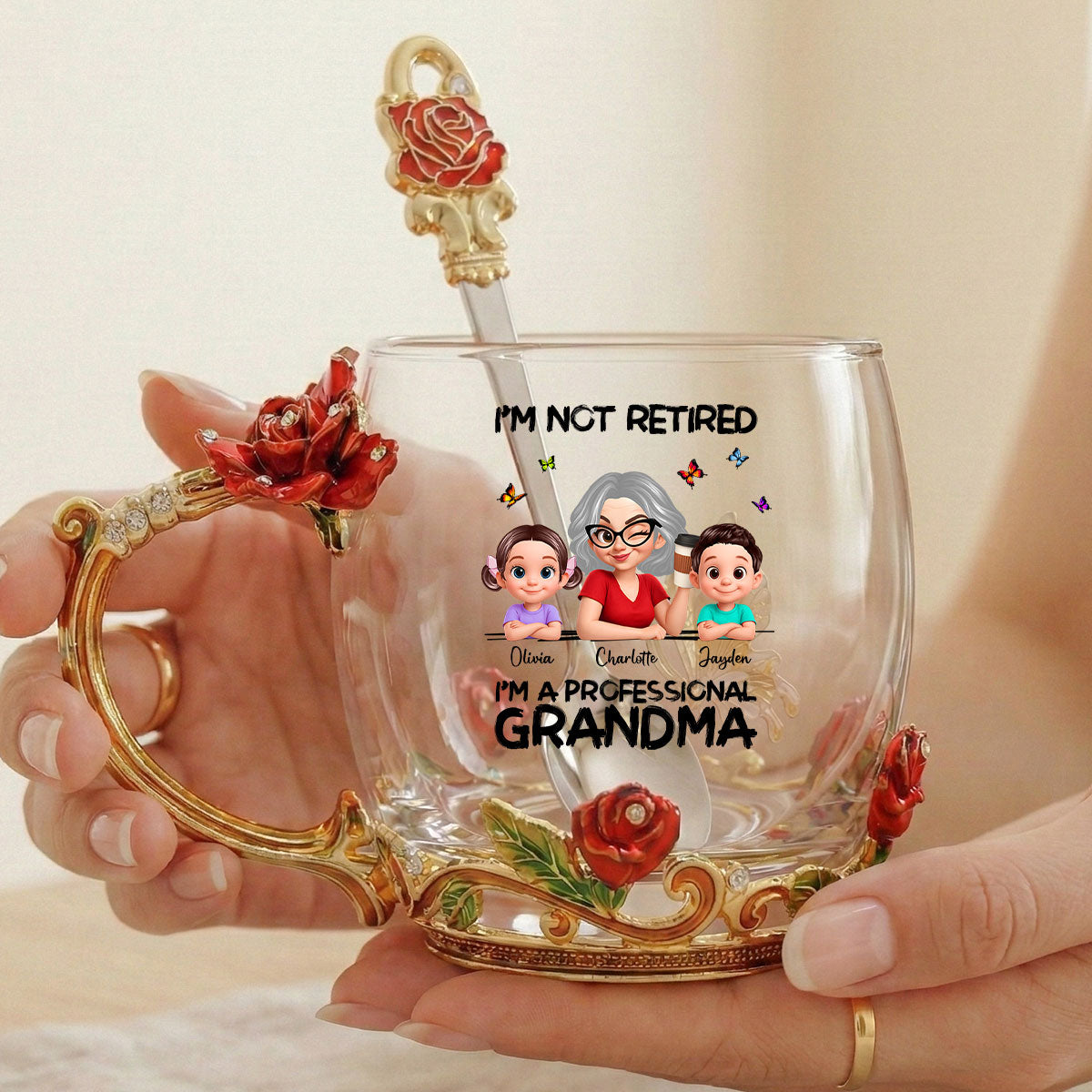 Not Retired Professional Grandma - Personalized Enamel Flower Tea Cup - Gift For Retired Grandma, Mom