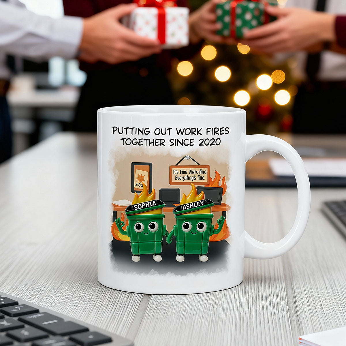 3D Effect Dumpster Fires In Office Scene - Personalized Mug - Funny Gift For Colleagues, Work Besties