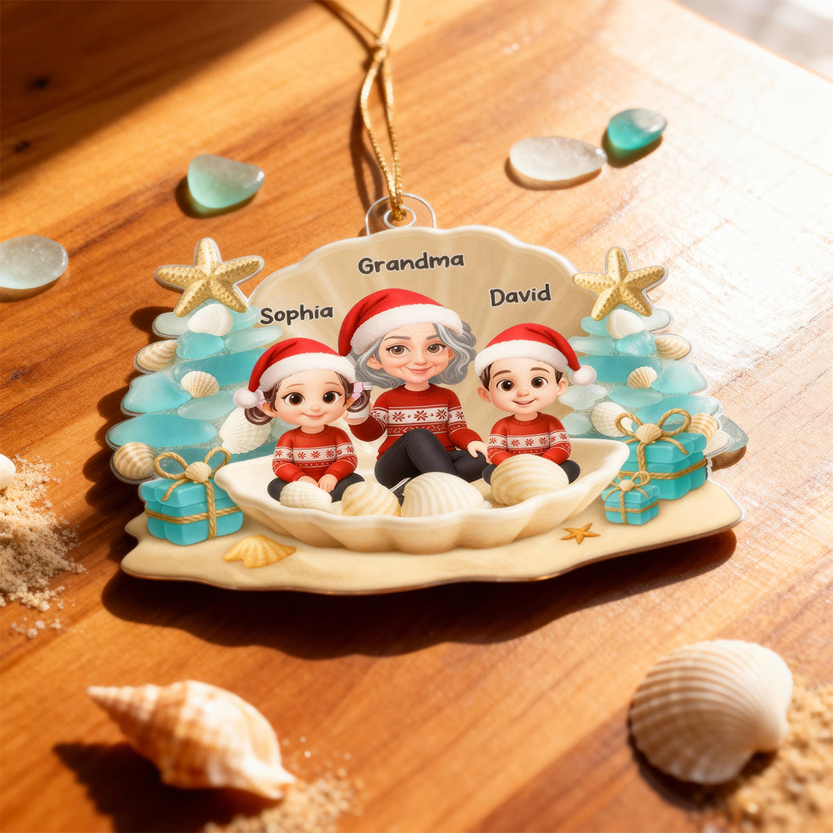 Grandma Grandkids 3D Beach-Inspired Sea Glass - Personalized Acrylic Ornament - Christmas Gift for Grandkids, Grandma
