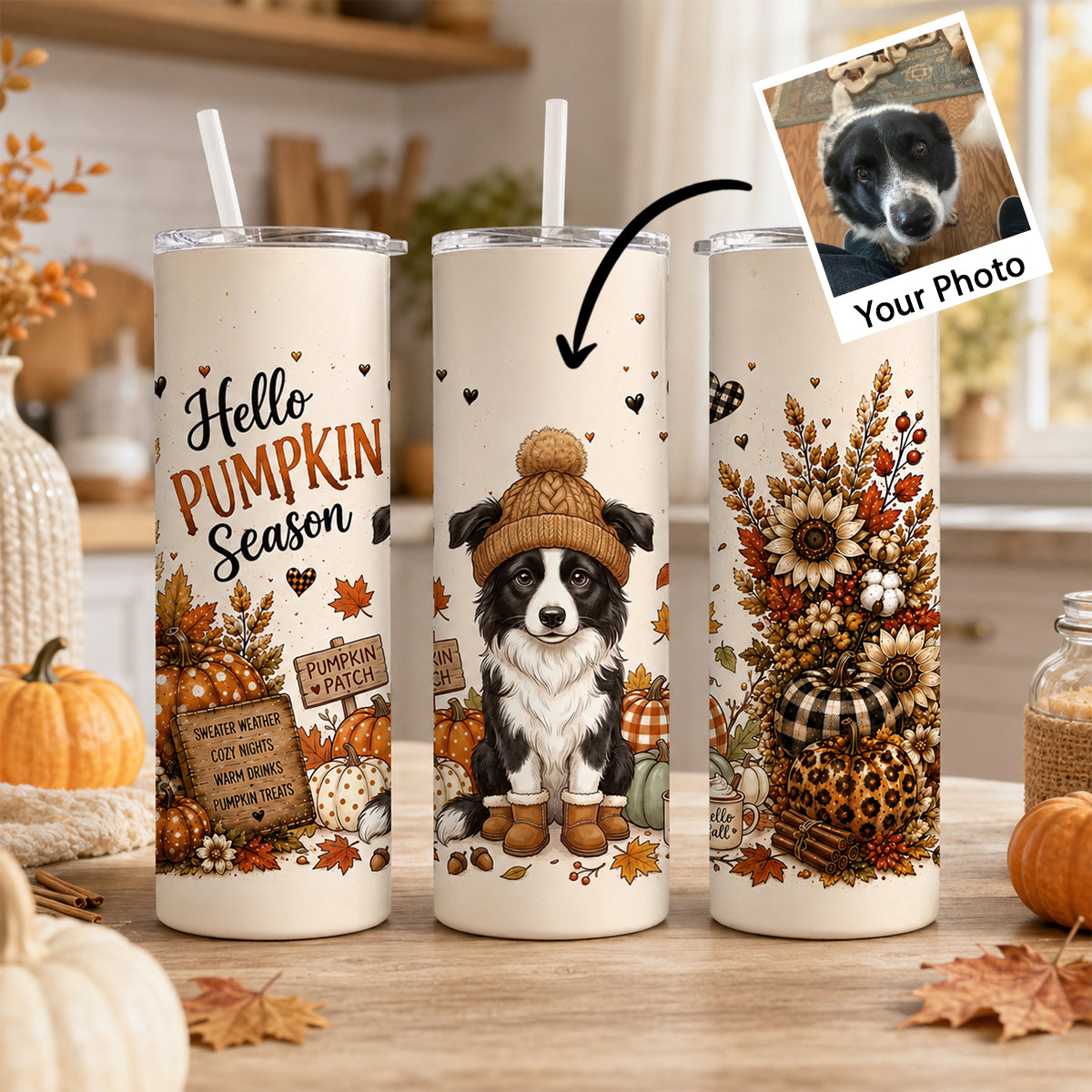 Hello Pumpkin Season Custom Dog Photo - Personalized Tumbler - Fall Gift for Dog Cat Lovers