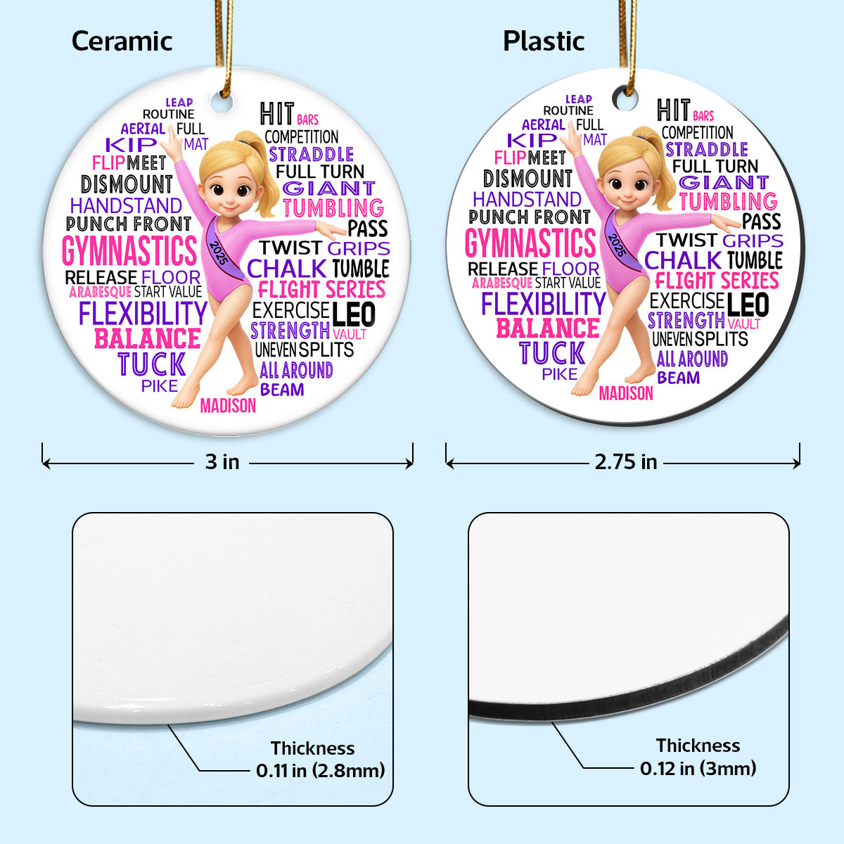 Typography Art Gymnastic Girl - Personalized Ceramic Ornament - Gymnast Gift For Daughter, Granddaughter