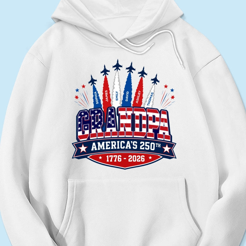 Proud Grandpa Dad Jets Smoke Custom Kid Name - Personalized Shirt - American 250th Anniversary Keepsake For Husband, Dad, Grandpa