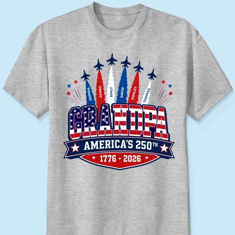 Proud Grandpa Dad Jets Smoke Custom Kid Name - Personalized Shirt - American 250th Anniversary Keepsake For Husband, Dad, Grandpa