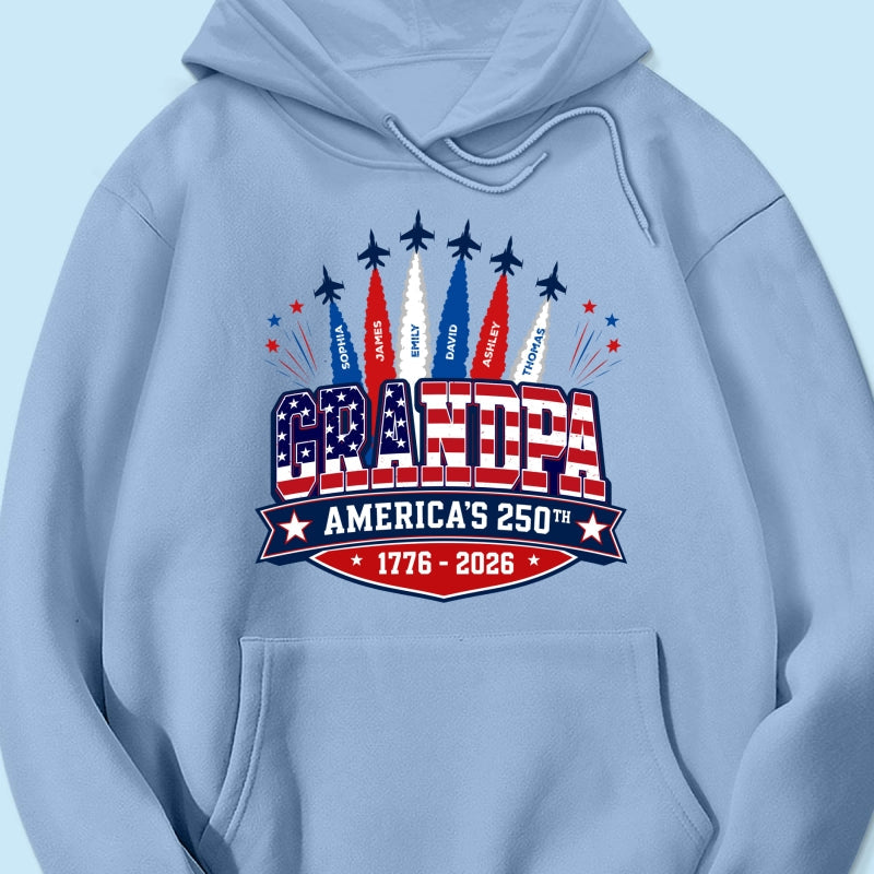 Proud Grandpa Dad Jets Smoke Custom Kid Name - Personalized Shirt - American 250th Anniversary Keepsake For Husband, Dad, Grandpa