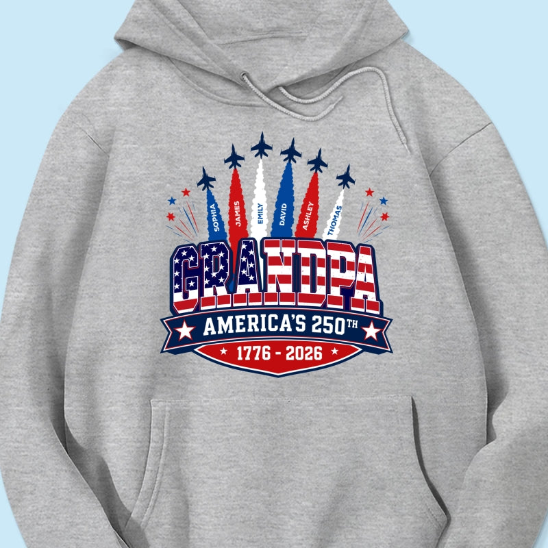 Proud Grandpa Dad Jets Smoke Custom Kid Name - Personalized Shirt - American 250th Anniversary Keepsake For Husband, Dad, Grandpa