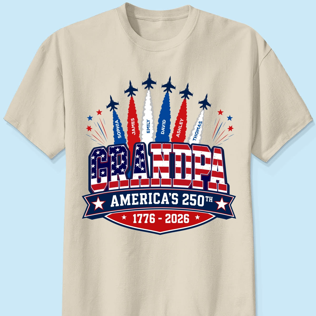Proud Grandpa Dad Jets Smoke Custom Kid Name - Personalized Shirt - American 250th Anniversary Keepsake For Husband, Dad, Grandpa