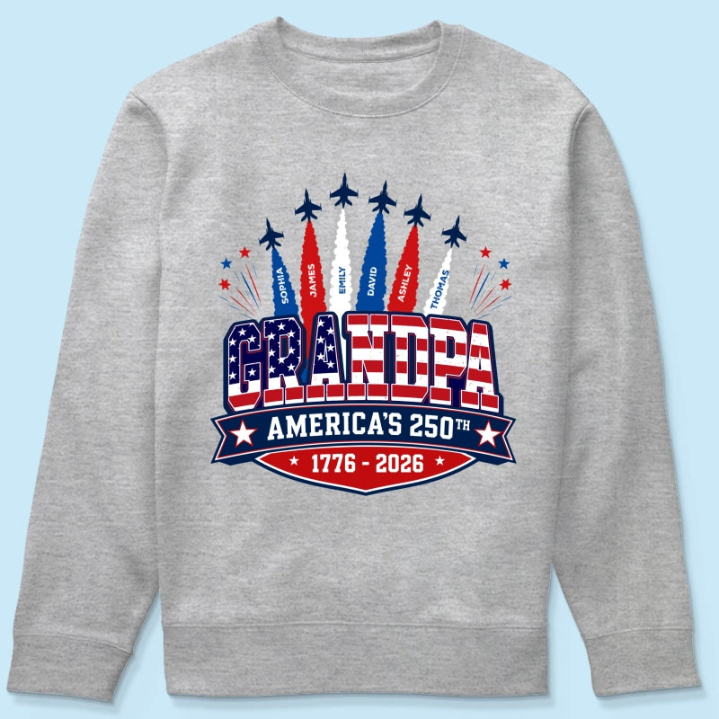 Proud Grandpa Dad Jets Smoke Custom Kid Name - Personalized Shirt - American 250th Anniversary Keepsake For Husband, Dad, Grandpa