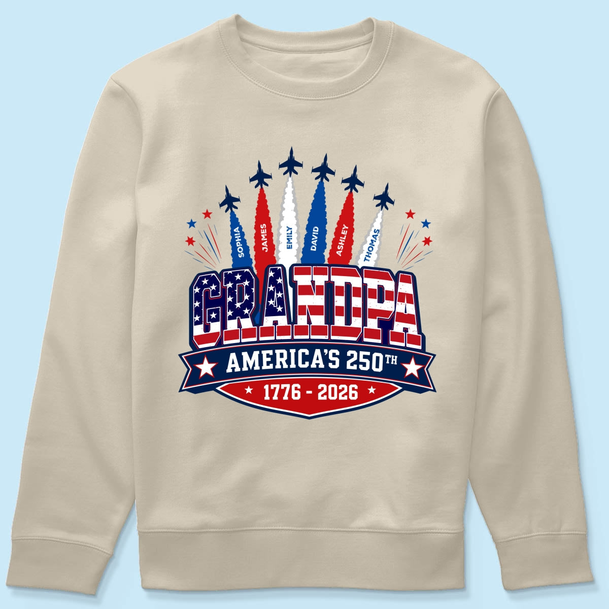 Proud Grandpa Dad Jets Smoke Custom Kid Name - Personalized Shirt - American 250th Anniversary Keepsake For Husband, Dad, Grandpa
