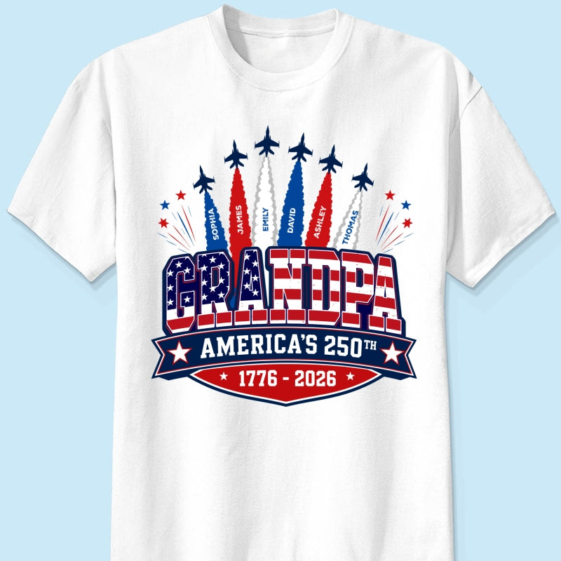 Proud Grandpa Dad Jets Smoke Custom Kid Name - Personalized Shirt - American 250th Anniversary Keepsake For Husband, Dad, Grandpa