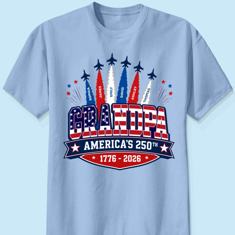 Proud Grandpa Dad Jets Smoke Custom Kid Name - Personalized Shirt - American 250th Anniversary Keepsake For Husband, Dad, Grandpa