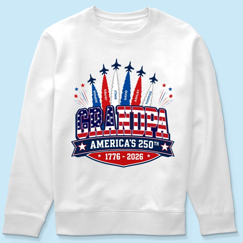 Proud Grandpa Dad Jets Smoke Custom Kid Name - Personalized Shirt - American 250th Anniversary Keepsake For Husband, Dad, Grandpa