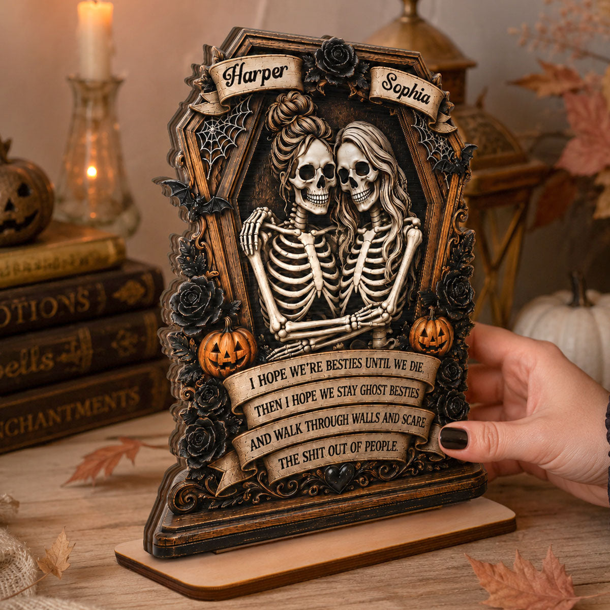 Skeleton Besties In Coffin Friends Until We Die 2D Flat - Personalized 2-Layered Wooden Plaque - Funny Work Bestie Gift, Halloween Keepsake For Best Friends