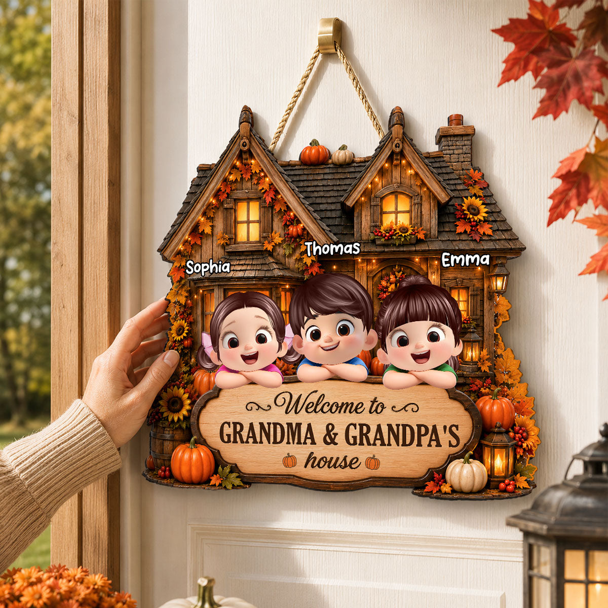 Welcome to Grandma Grandpa Fall Pumpkin House - Personalized Wooden Door Sign - Fall Thanksgiving Farmhouse Gift