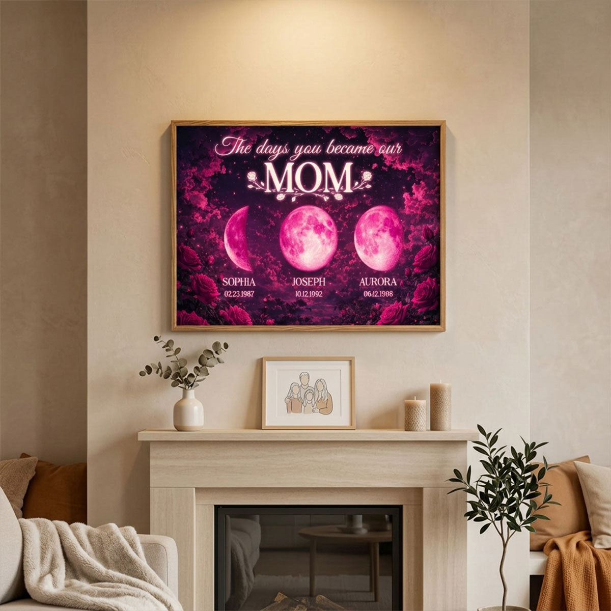Pink Roses The Day You Became Mom Grandma Custom Birth Moon Phase - Personalized Poster - Mother's Day Gift For Mom, Grandma