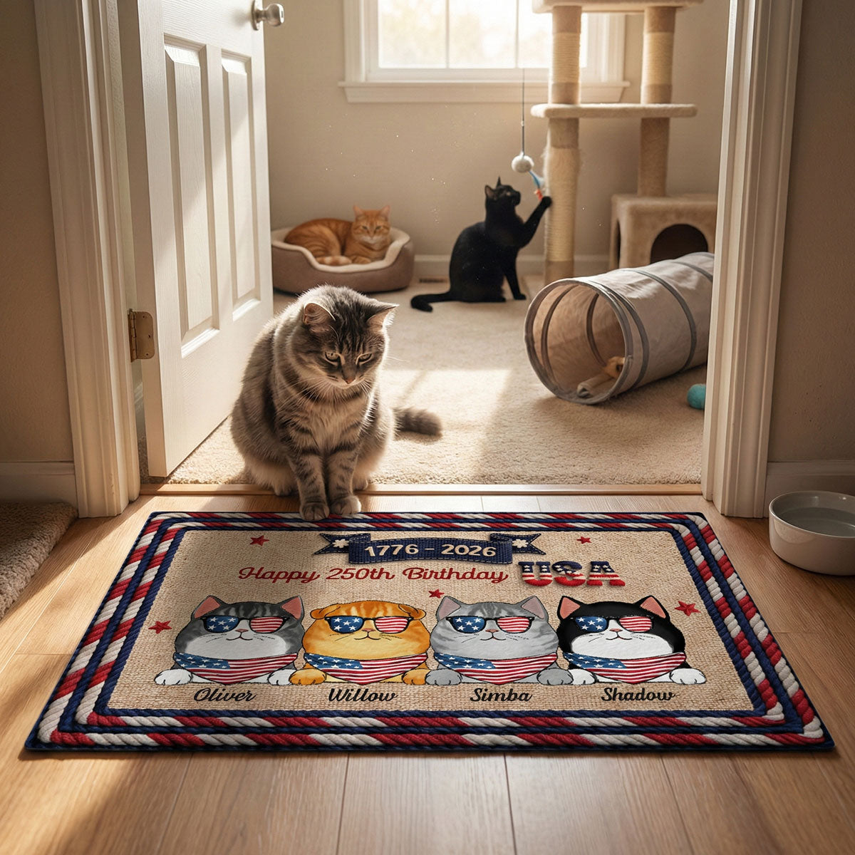 USA 250th Birthday Patriotic Flag Cat Faux Yarn Pattern - Personalized Doormat - Gift For Cat Lovers