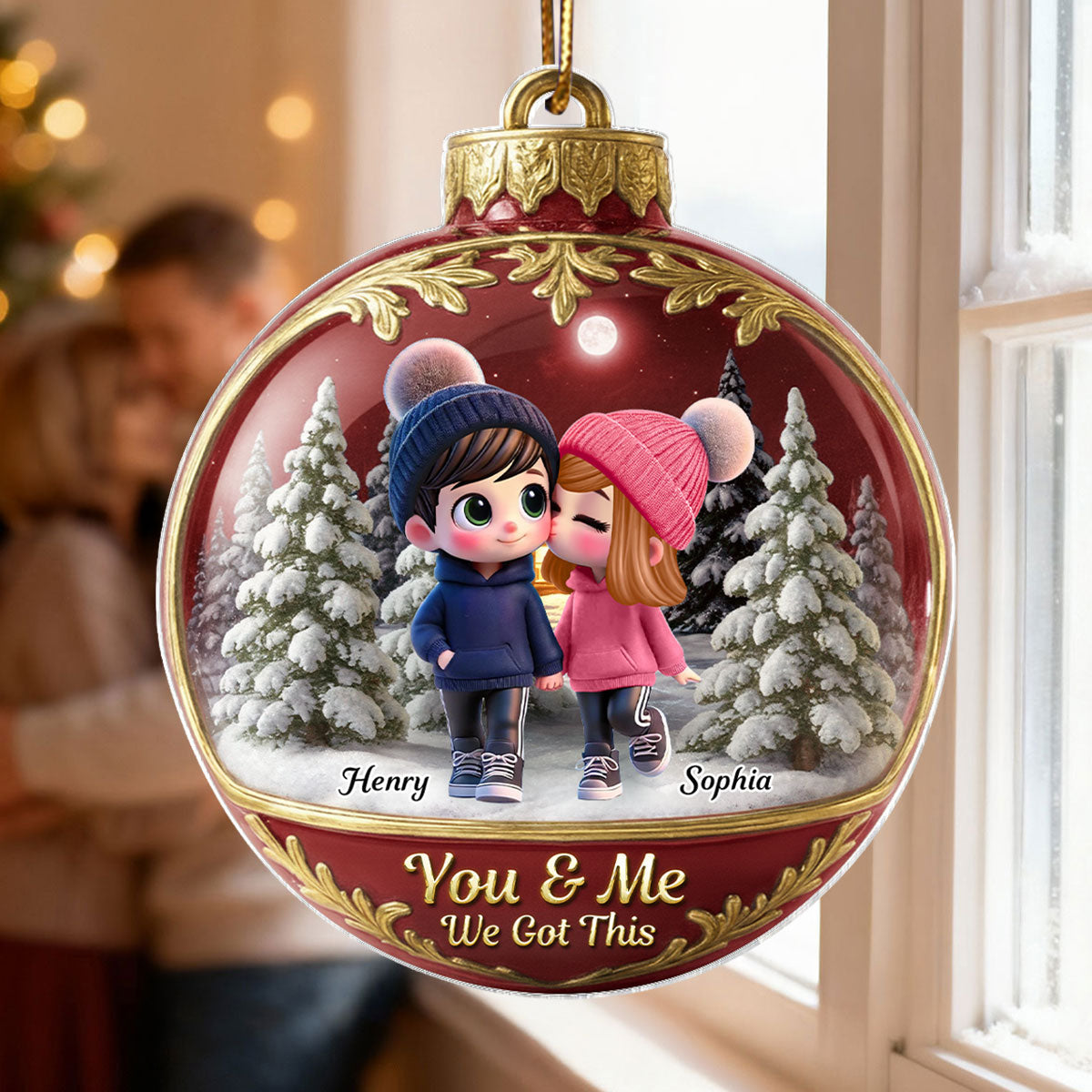 3D Effect Snow Globe Cartoon Couple - Personalized Acrylic Ornament - Christmas Gift for him, Gift for her