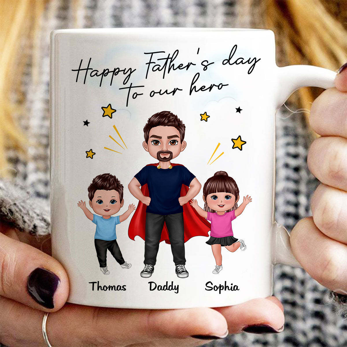 Happy Father‘s Day To Our Hero Super Dad & Happy Doll Kid Gift For Dad Personalized Mug