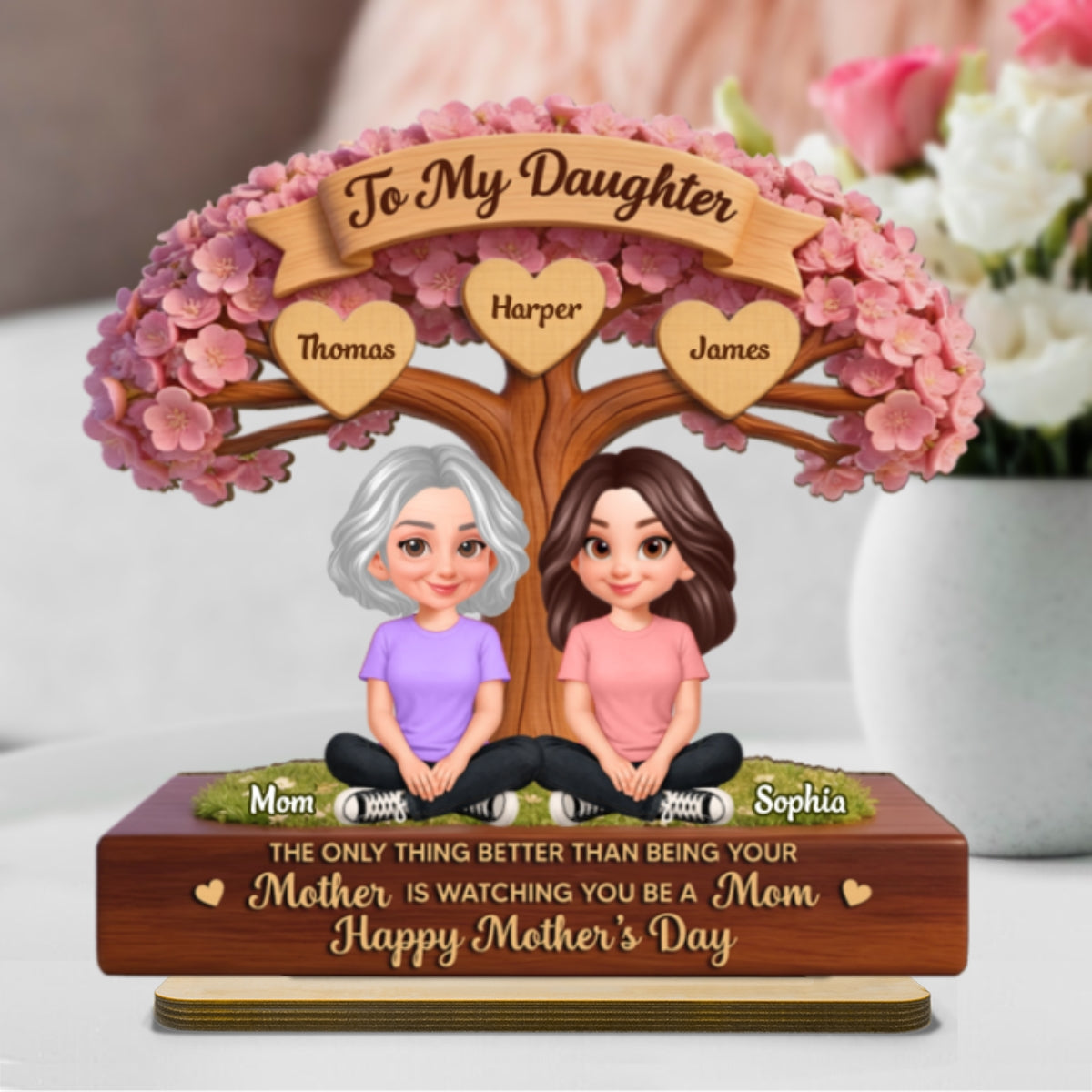 Blossom Tree To My Daughter From Mom Happy Mother's Day Custom Kids Names - Personalized 2-Layered Wooden Plaque - Mother's Day Gift For Daughter