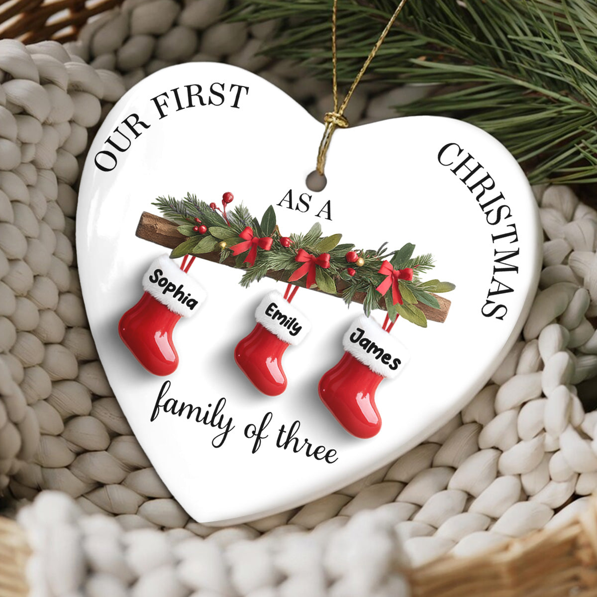 Family First Christmas Stockings 3D Effect - Personalized Ceramic Ornament - Christmas Tree Decor For Family
