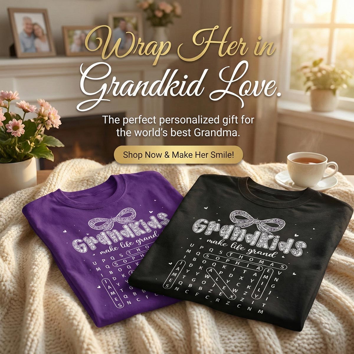 Lace Pattern Grandma Custom Grandkids Names Word Search Puzzle - Personalized Shirt - Gift For Grandma
