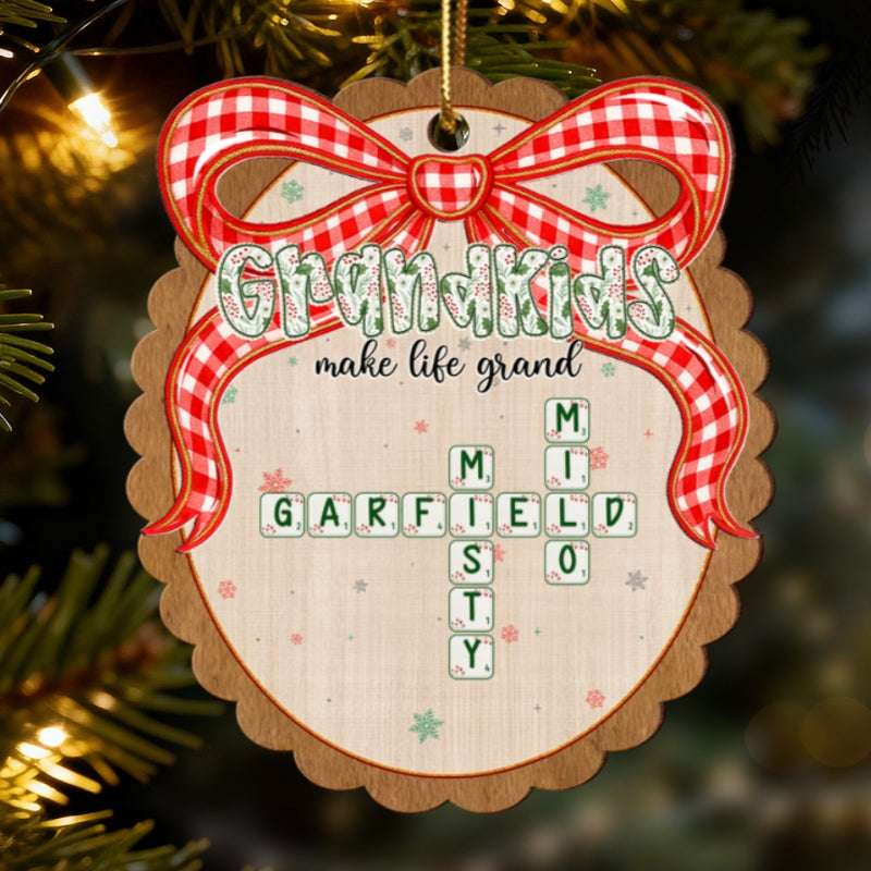 Grandkids Make Life Grand Coquette Floral Christmas Pattern Crossword Puzzle Art - Personalized Wooden Ornament