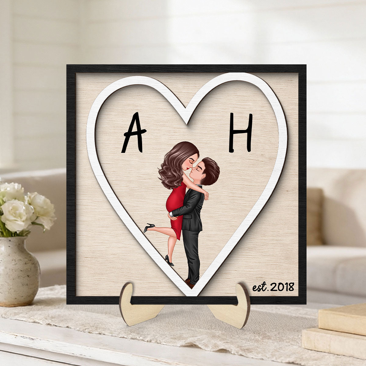 Initials Heart Sign - Personalized 2-Layered Wooden Plaque - Gift for Couple